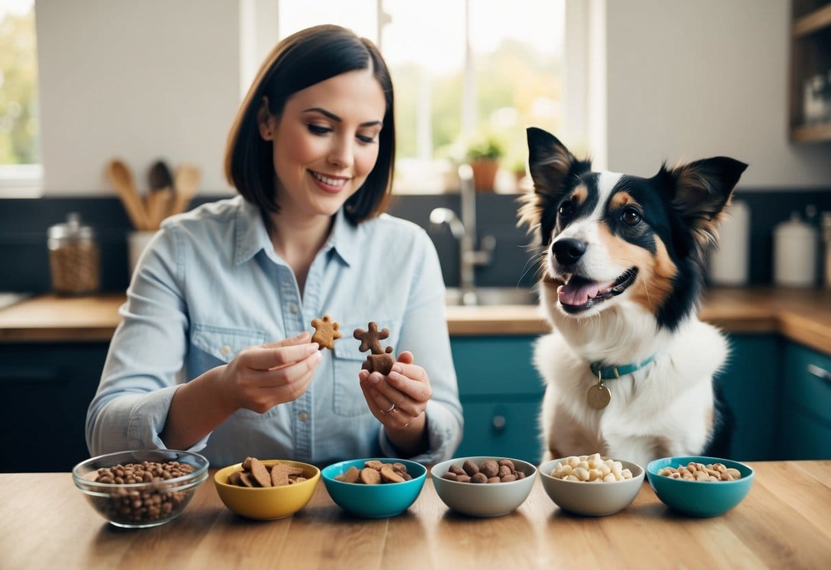 A dogejer udvælger omhyggeligt godbidder fra en række muligheder og overvejer ingredienser og næringsværdi Hunden venter ivrigt på beslutningen med logrende hale i forventning